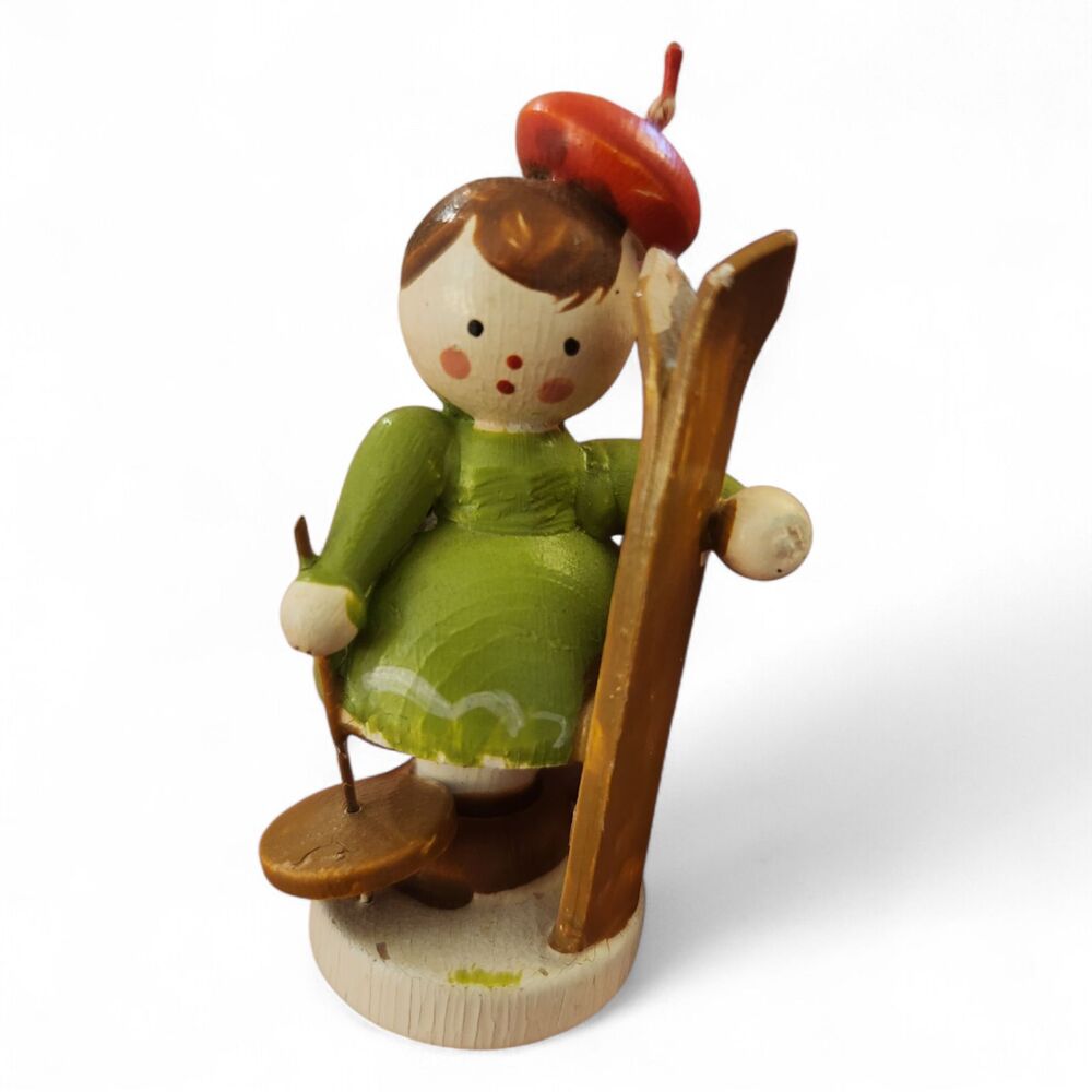 Vintage Wooden Girl Skier Figurine Erzgebirge Style Hand Painted